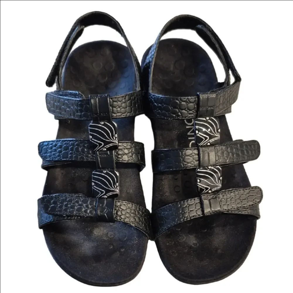 Vionic Amber Black Slingback Croc Embossed Sandals With Velcro Closure